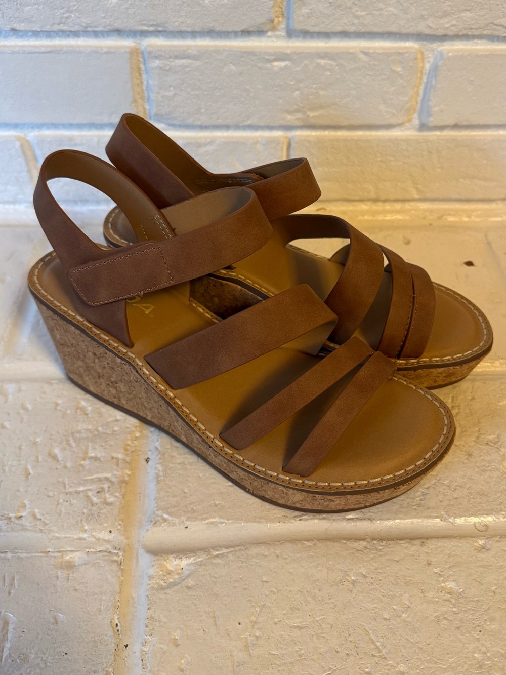 SODA-Women’s Brown Faux Leather Cork Wedge Sandals